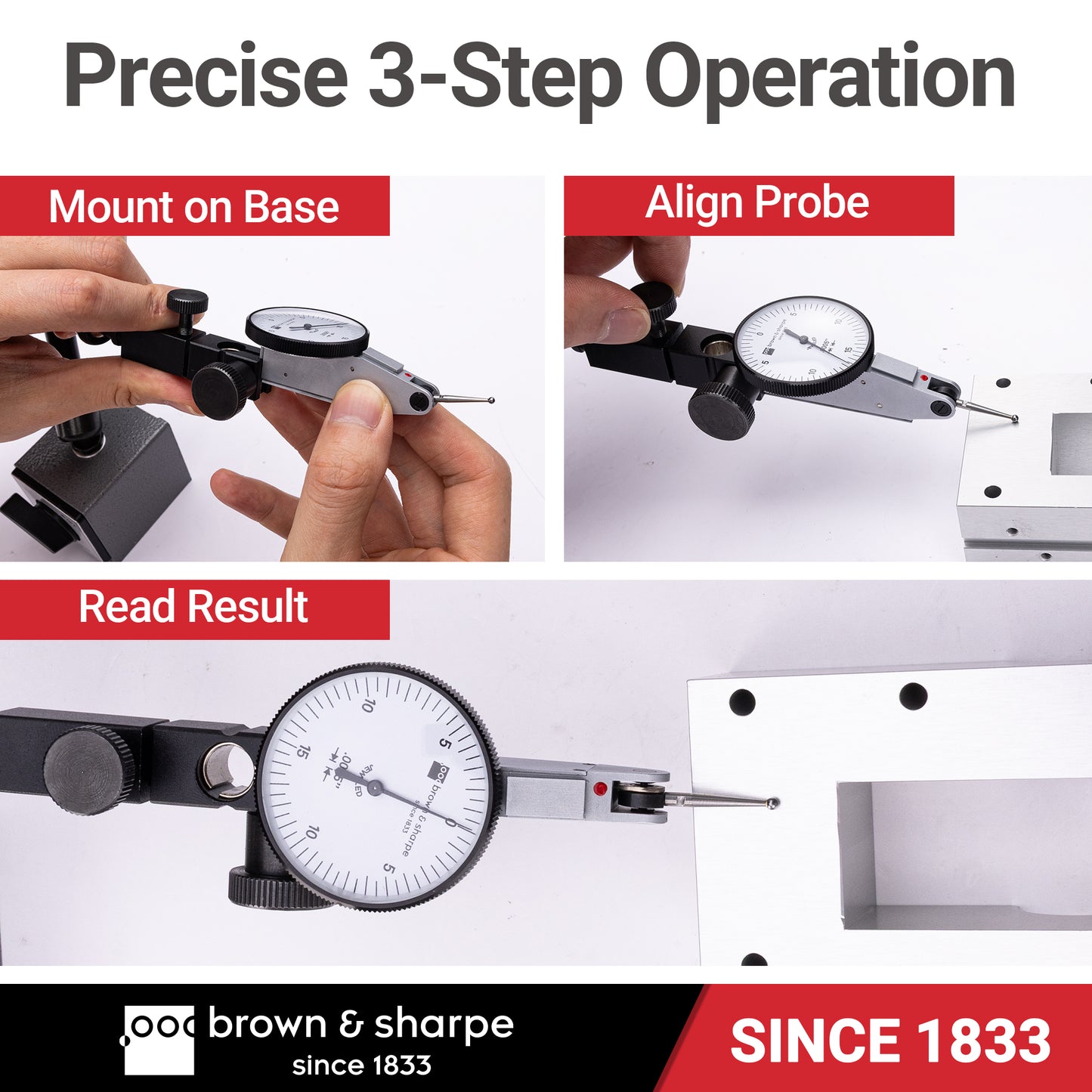 Ruby Bearings Horizontal Dial Lever Indicator White 0.03" Range 0-15-0 Dial 0.0005" Graduation with Base