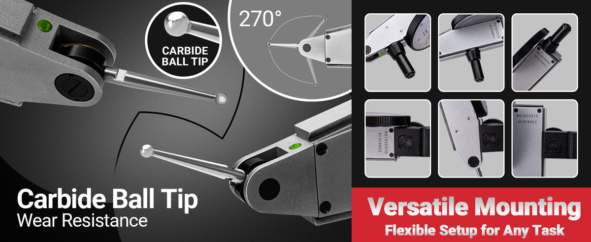 Brown & Sharpe lever‑style dial indicator featuring wear‑resistant carbide ball tip, 270‑degree probe rotation and multiple versatile mounting choices