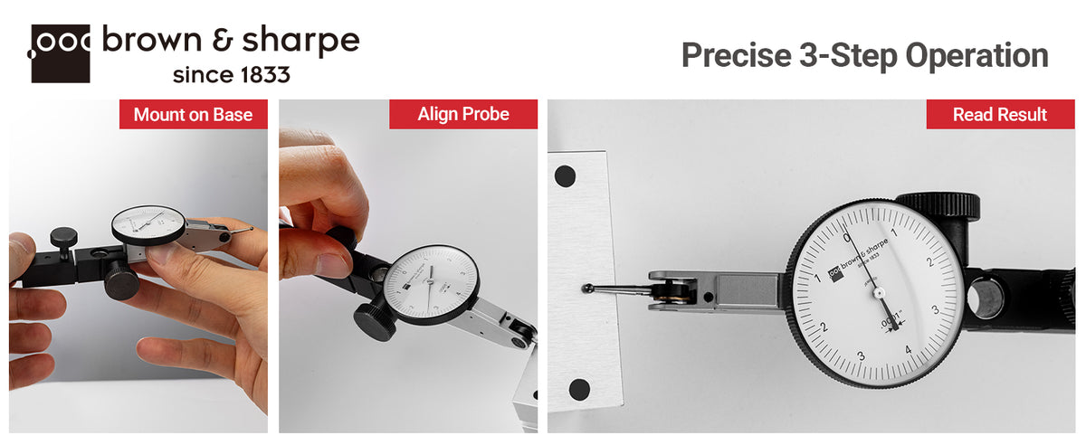 Three‑step operation guide for Brown & Sharpe lever indicator, including installation, probe alignment and reading measurement data