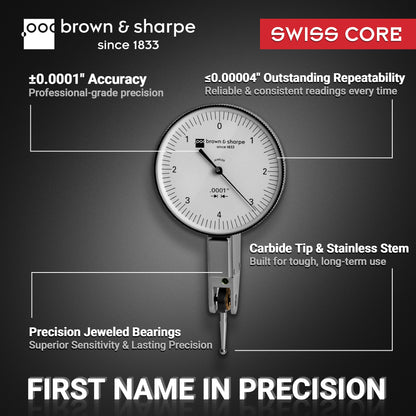 Brown & Sharpe Horizontal Dial Lever Indicator, 0.008‑inch measuring range, 0‑4‑0 dial, 0.0001‑inch graduation, ruby bearings and carbide contact tip
