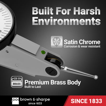 Close‑up of Brown & Sharpe lever indicator, premium brass body, satin chrome anti‑corrosion finish for tough working‑condition