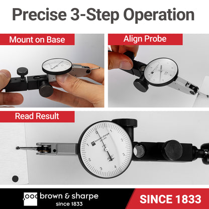 Three‑step operation guide for Brown & Sharpe lever indicator, including installation, probe alignment and reading measurement data
